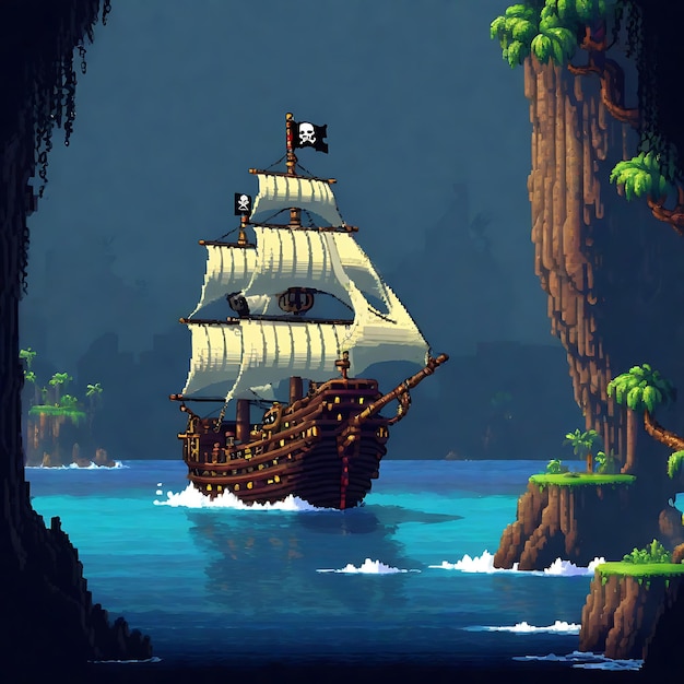 Een Pixel Art screenshot van een Piratenschip avonturen spel