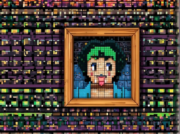 een pixel art van een man met groen haar en een baard