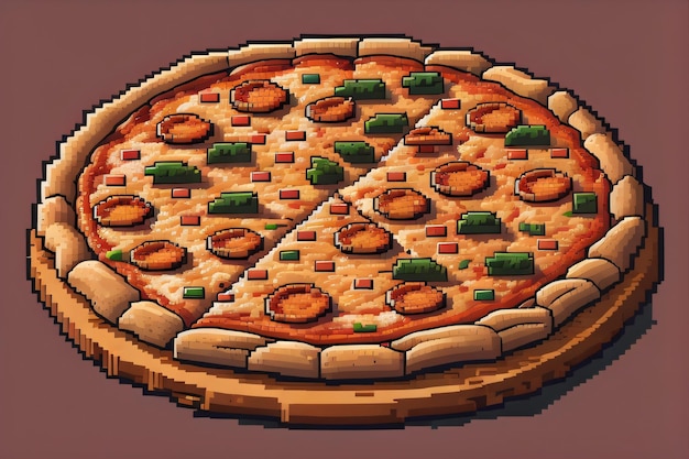 Een pixelart-pizza waar een plak uit is geknipt.