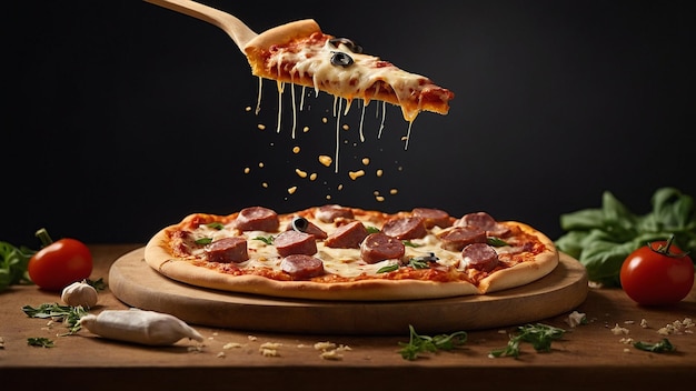 een pizza die op een snijplank wordt gesneden met een stukje ontbreekt