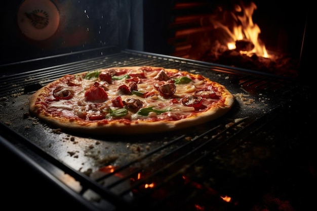 Een pizza die op een stenen oppervlak in de oven wordt geslopen