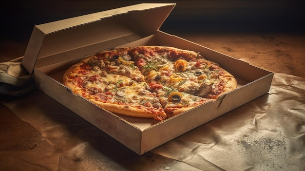 Een pizza in een doos waar een plakje ontbreekt.