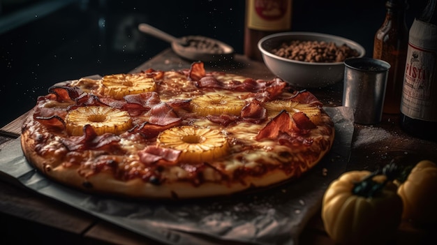 Een pizza met ananas erop naast een fles wijn