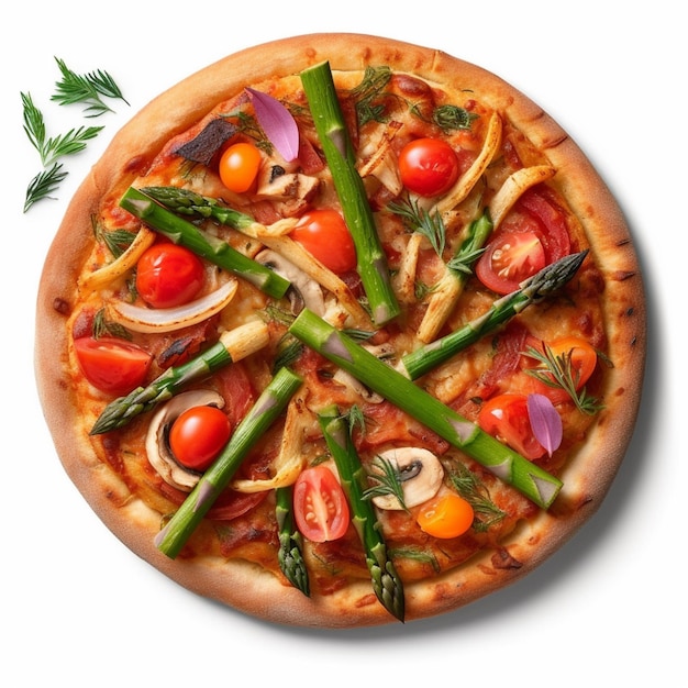 Een pizza met asperges, tomaten en asperges erop.