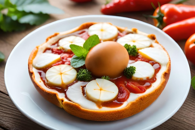 Een pizza met champignons en groenten op een bord