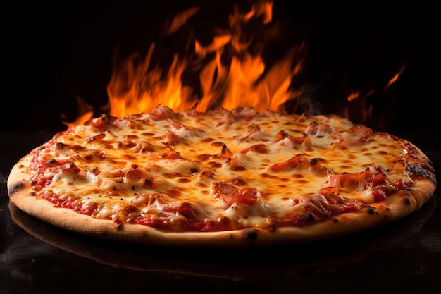 een pizza met een brand in de achtergrond