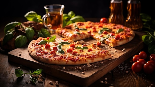 Een pizza met een glas bier ernaast