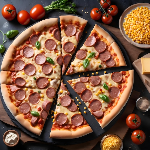 een pizza met een stukje ontbreekt zit op een tafel met een pizza cutter en tomaten