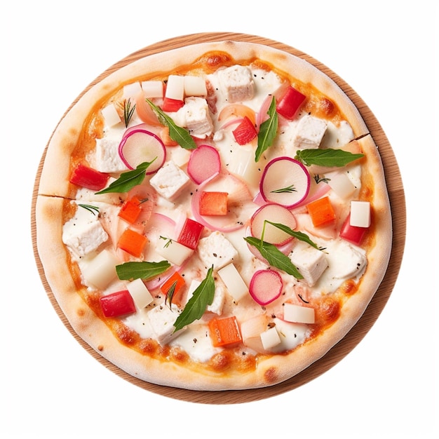 Een pizza met groenten en vlees erop