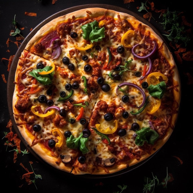 Een pizza met kaas, olijven en paprika erop