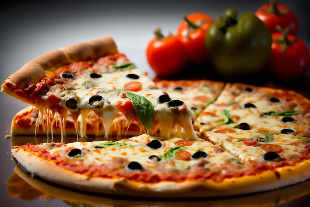 Een pizza met olijven en tomaten erop