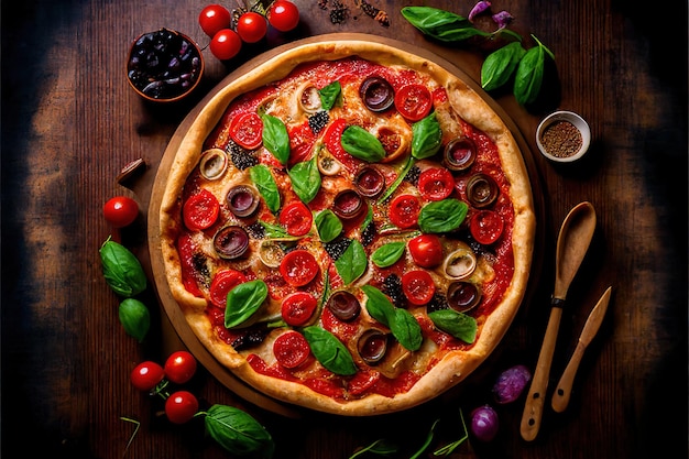 Een pizza met olijven, tomaten en andere ingrediënten op een houten tafel.