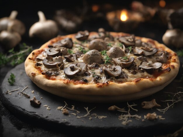 een pizza met paddenstoelen erop zit op een stenen tafel.