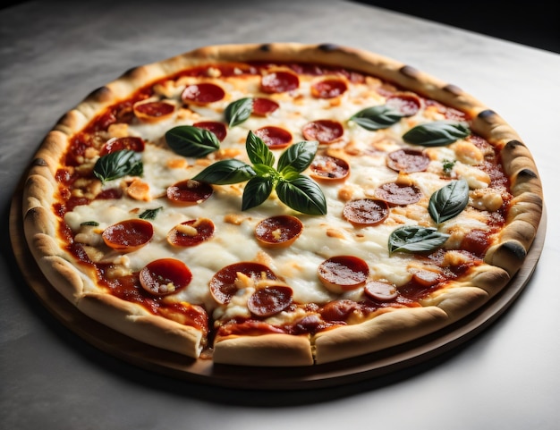 Een pizza met pepperoni en basilicum erop met generatieve ai