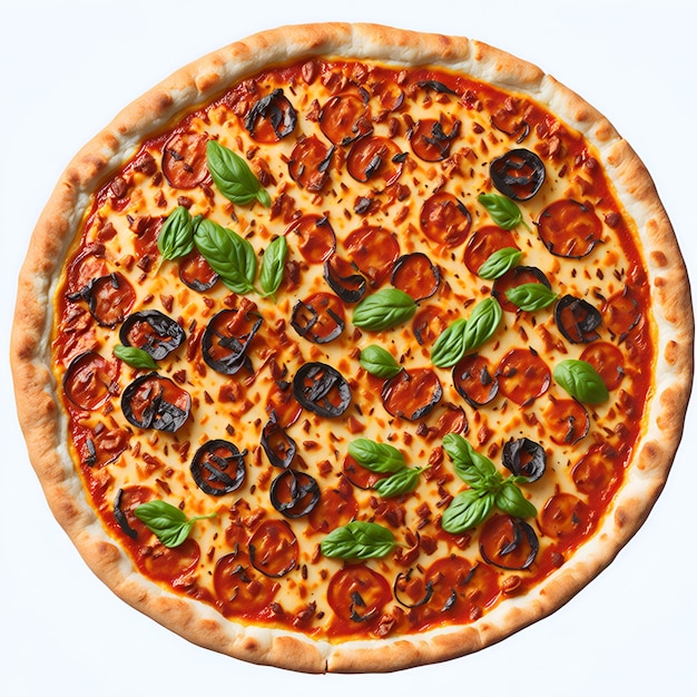 Een pizza met pepperoni en basilicum erop