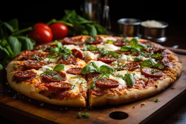 Een pizza met pepperoni en basilicum op een houten bord