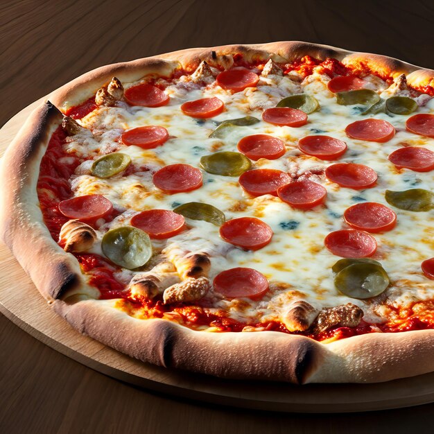 Een pizza met pepperoni en kaas erop op een houten tafel