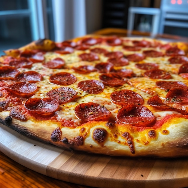 Een pizza met pepperoni en kaas erop
