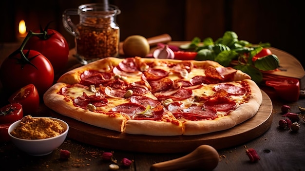 Een pizza met pepperoni en kaas op tafel