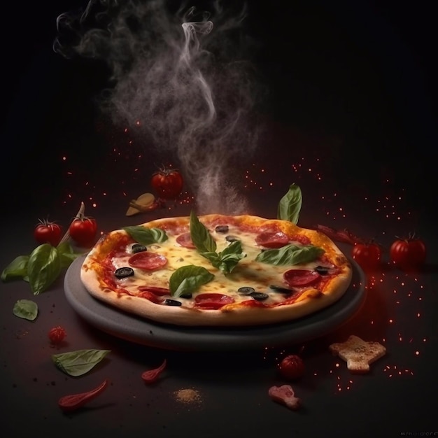 Een pizza met pepperoni en olijven erop