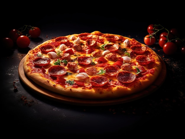 Een pizza met pepperoni en tomaat op een zwarte achtergrond