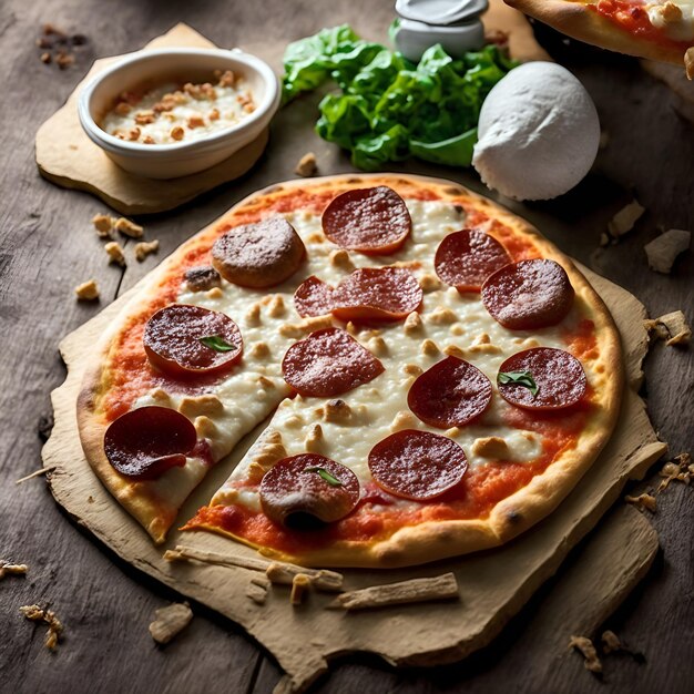 Een pizza met pepperoni erop en een schaal met groenten op tafel.