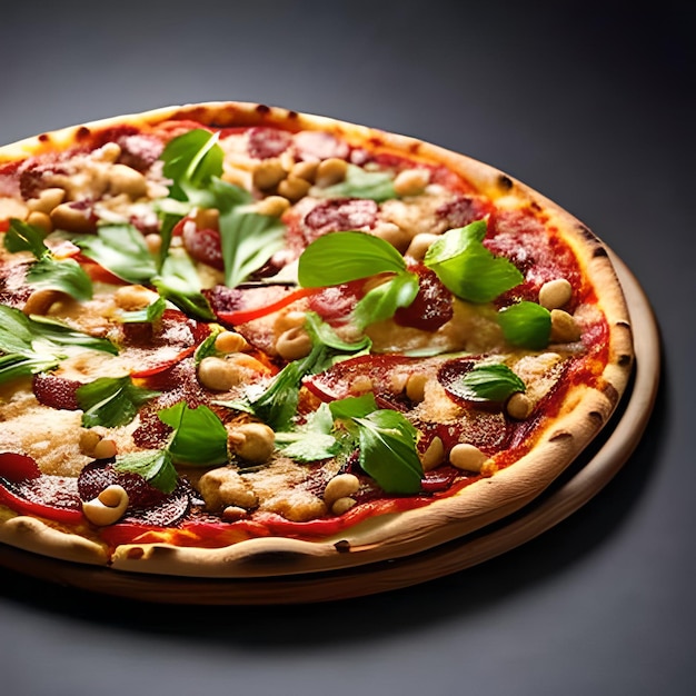 Een pizza met pepperoni, olijven en basilicum erop.