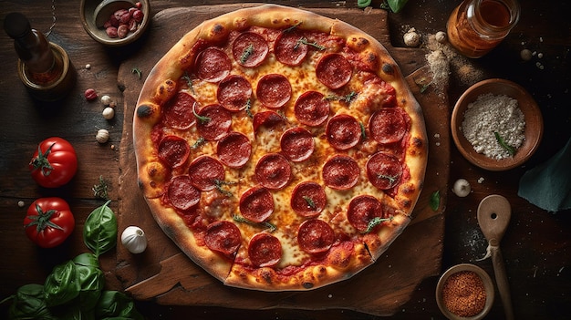 Een pizza met pepperoni op een houten bord