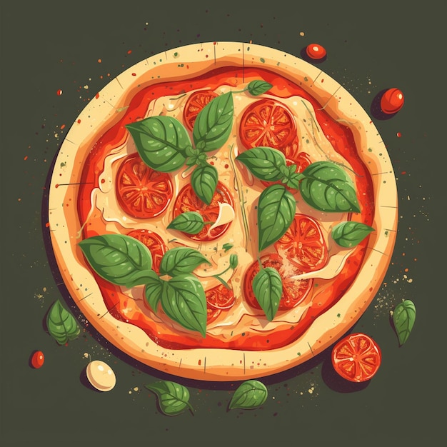Een pizza met tomaten, basilicum en basilicum erop.