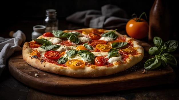 Een pizza met tomaten en basilicum op een houten bord