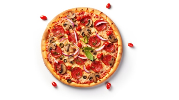 Een pizza met tomaten en olijven erop