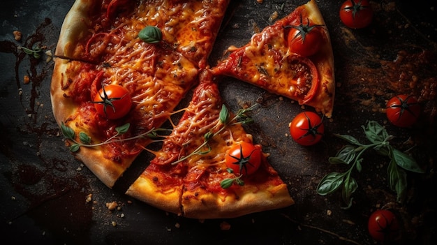 Een pizza met tomatensaus en basilicum erop