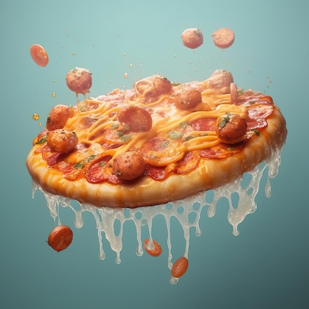 Een pizza met veel kaas en worst erop