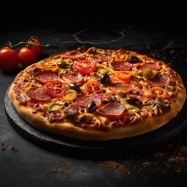 een pizza met veel toppings erop