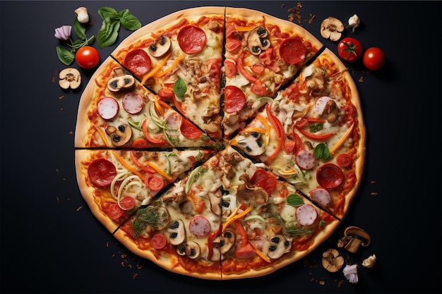 Een pizza met verschillende toppings erop.