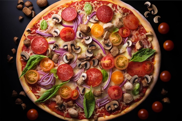 Foto een pizza met verschillende toppings erop.