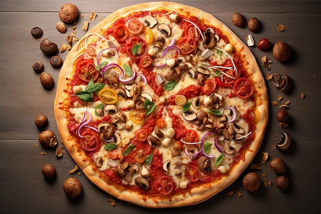 Een pizza met verschillende toppings erop.