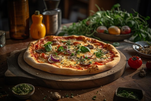 Een pizza op een houten bord met een bakje salade en een flesje olijfolie op tafel