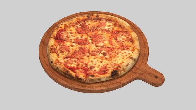 Een pizza op een houten bord met een rode saus en kaas erop.
