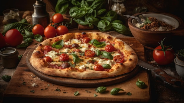 Een pizza op een houten tafel met verse basilicum en tomaten