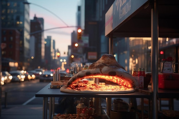 Een pizza-oven tegen de achtergrond van een drukke stadsstraat