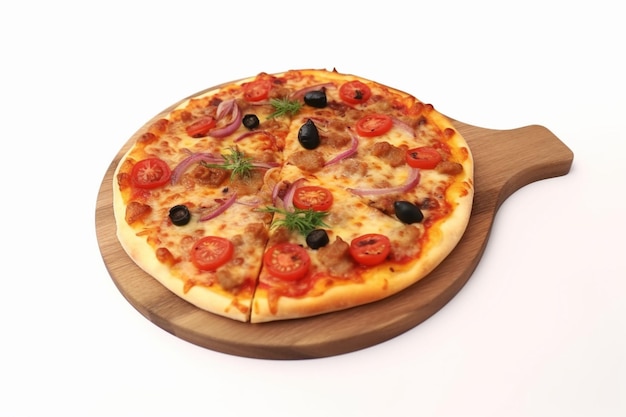 Een pizza waar een plakje uit is gesneden