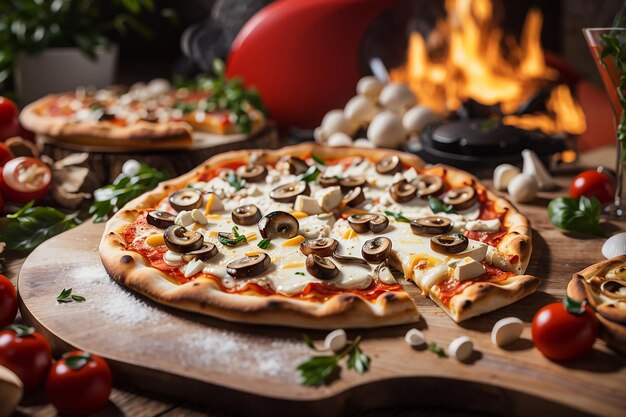 Een pizza wordt geserveerd met champignons en kaas op houten tafel in de keuken