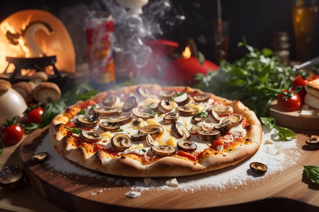 Een pizza wordt geserveerd met champignons en kaas op houten tafel in de keuken