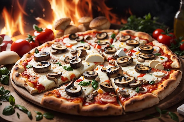 Een pizza wordt geserveerd met champignons en kaas op houten tafel in de keuken