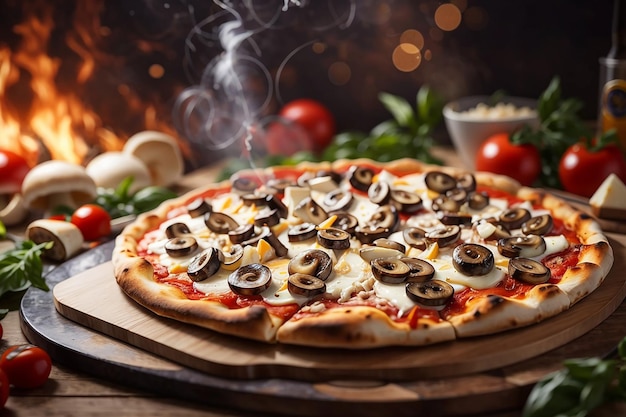 Een pizza wordt geserveerd met champignons en kaas op houten tafel in de keuken