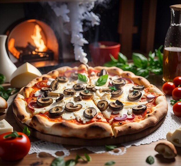 Een pizza wordt geserveerd met champignons en kaas op houten tafel in de keuken
