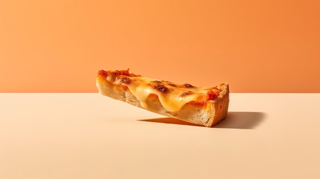 Een pizzapunt op een tafel met een oranje achtergrond