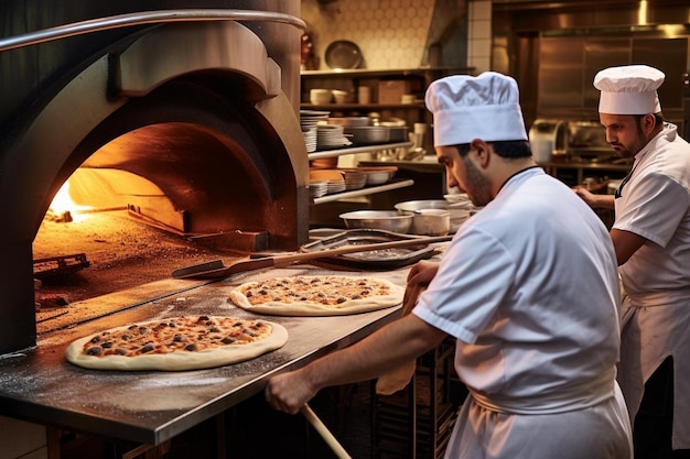 Een pizzeria keuken met chefs die deeg bereiden naast de oven