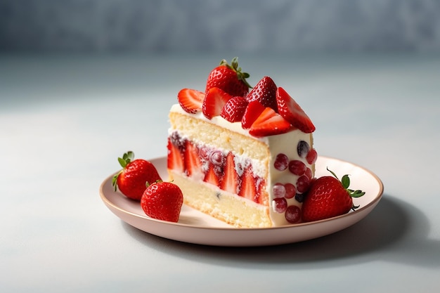 Een plak cake met aardbeien erop
